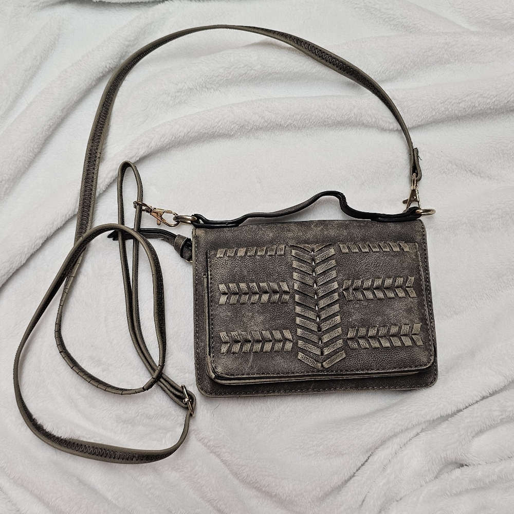 Faux Leather Gray Boho Weaved Crossbody Wallet Purse
